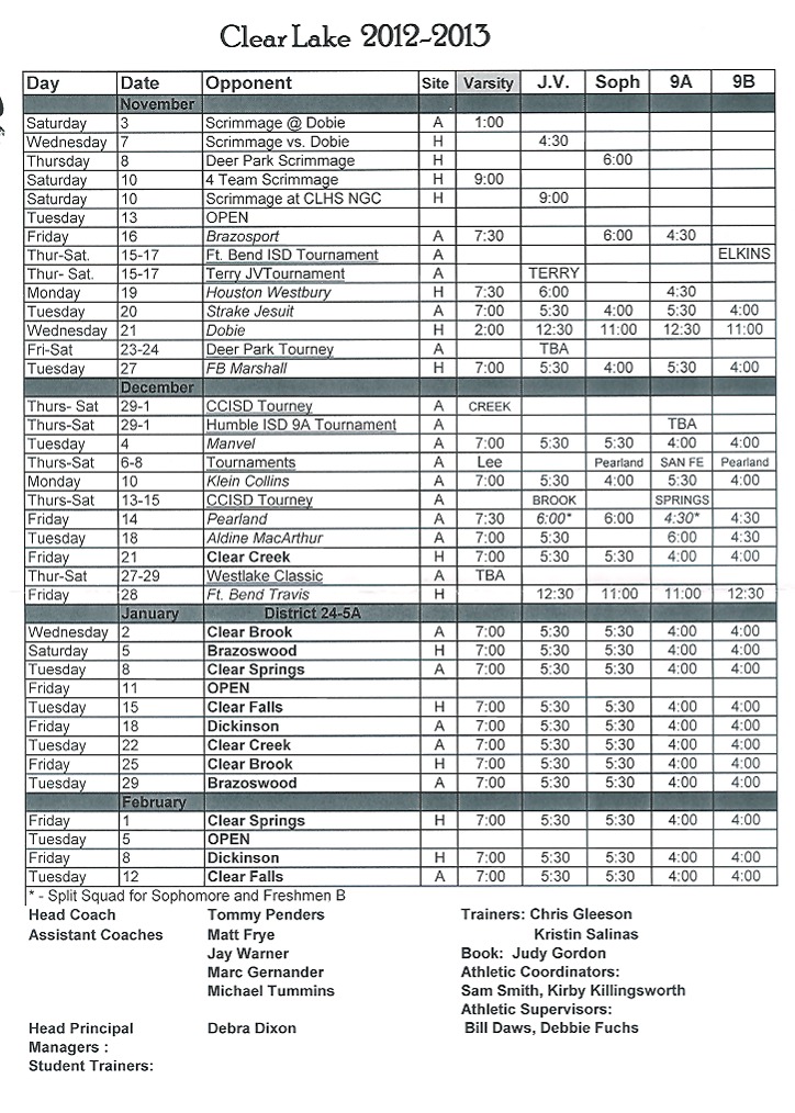 2012-13 Master Schedule