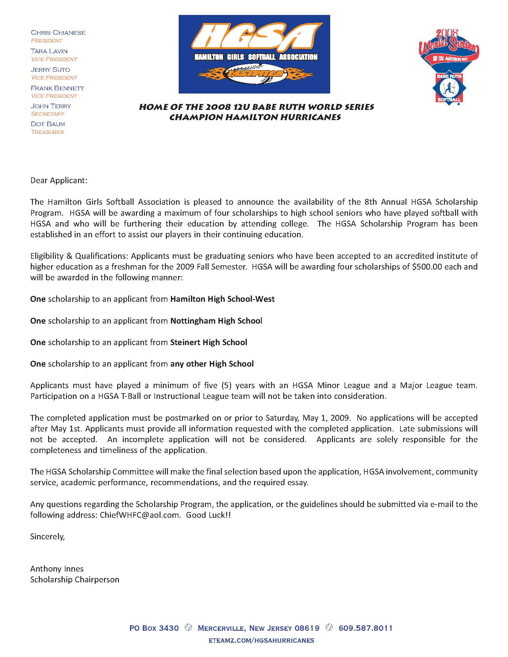 2009 HGSA Scholarship Letter