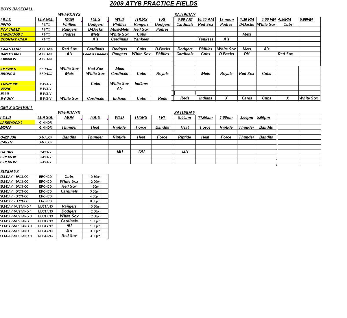 2009 Picture Day Schedule