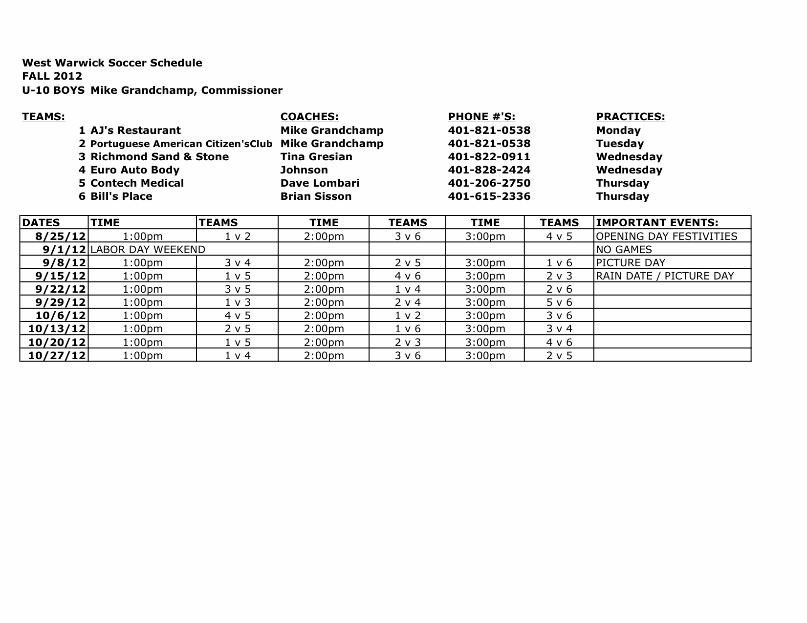 U-10 BOYS FALL 2012 SCHEDULE