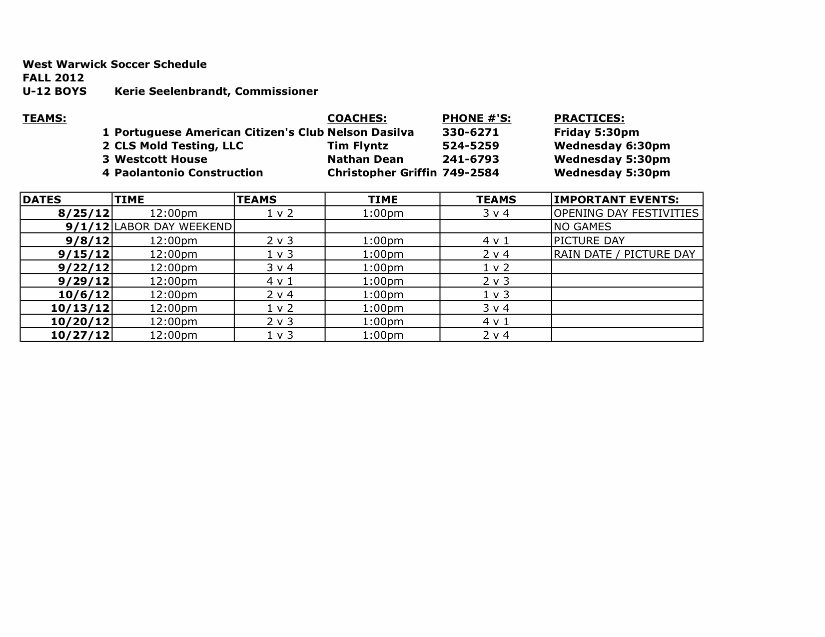 U-12 BOYS FALL 2012 SCHEDULE