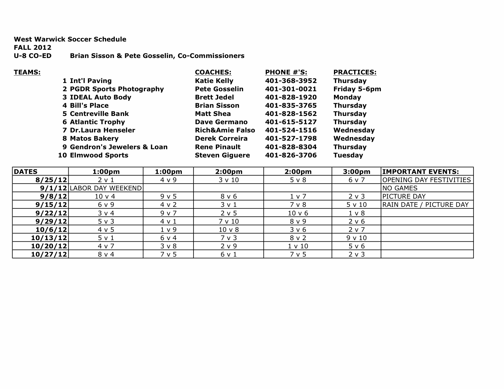 U-8 FALL 2012 SCHEDULE