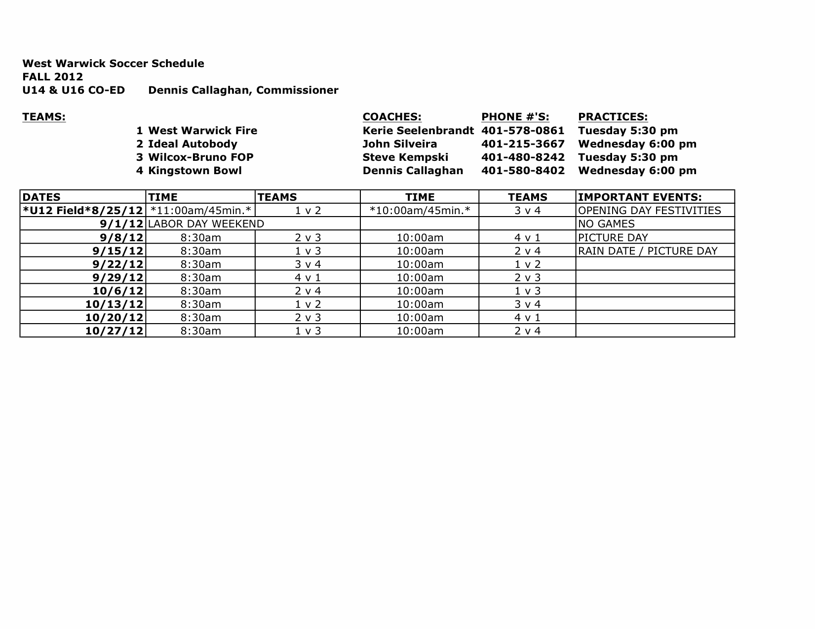 U-14 16 Fall 2012 Schedule