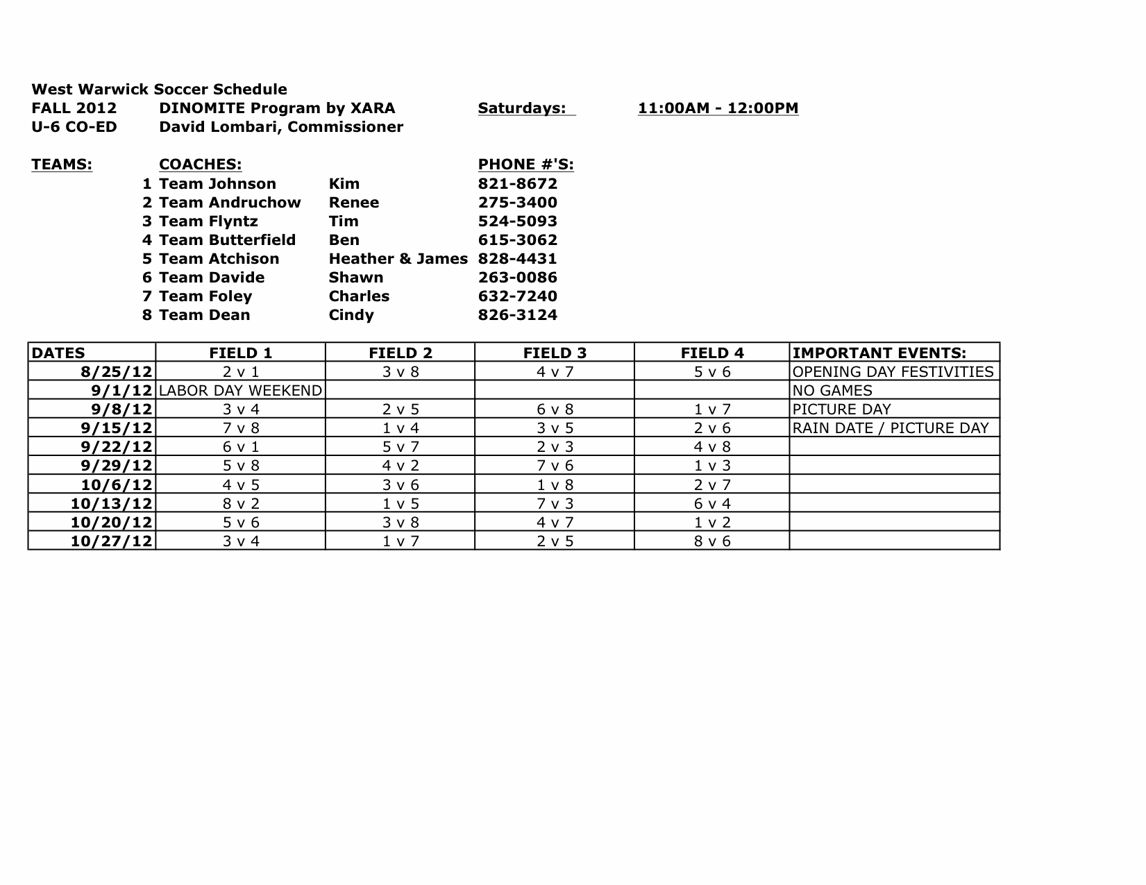 U-6 DINOMITE SCHEDULE 2012